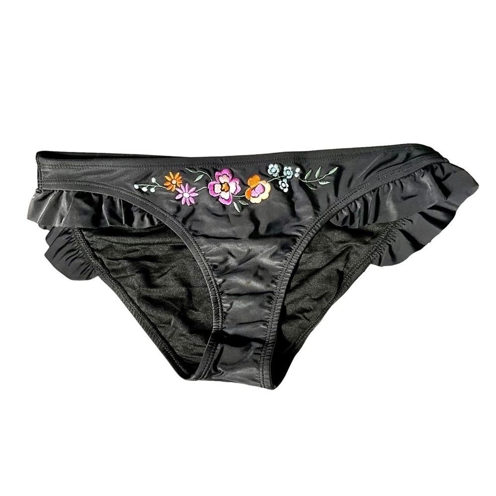 California Sunshine Floral Embroidered Bikini Bottoms Size Medium New Black